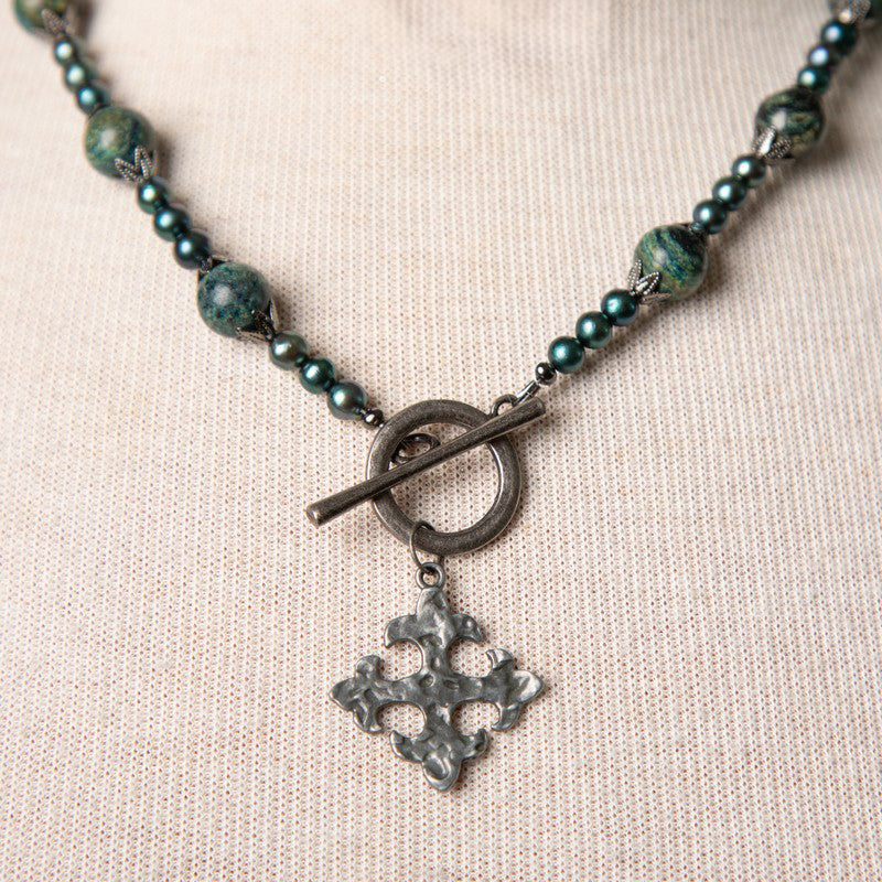 Jennifer's Jasper and Pearl Cross Necklace and Earring Set