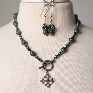Jennifer's Jasper and Pearl Cross Necklace and Earring Set
