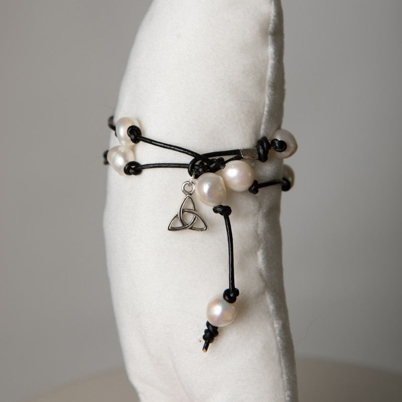 Jennifer's Knotted Leather and Pearl Silver Tinity Knot Bracelet