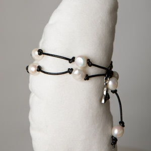 Jennifer's Knotted Leather and Pearl Silver Tinity Knot Bracelet