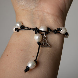 Jennifer's Knotted Leather and Pearl Silver Tinity Knot Bracelet
