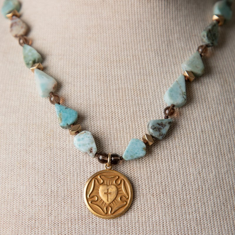 Jennifer's Larimar and Smoky Quartz Gold Plated Luther's Rose Necklace and Earring Set