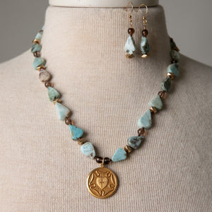 Jennifer's Larimar and Smoky Quartz Gold Plated Luther's Rose Necklace and Earring Set