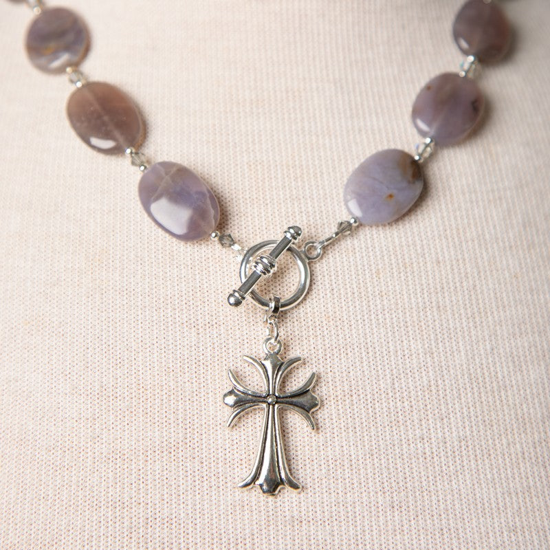Jennifer's Mildly Mauve Agate Cross Necklace and Earring Set