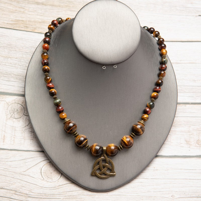 Jennifer’s Multi-Tone Tiger Eye Trinity Knot Necklace
