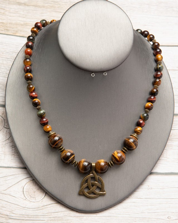Jennifer’s Multi-Tone Tiger Eye Trinity Knot Necklace