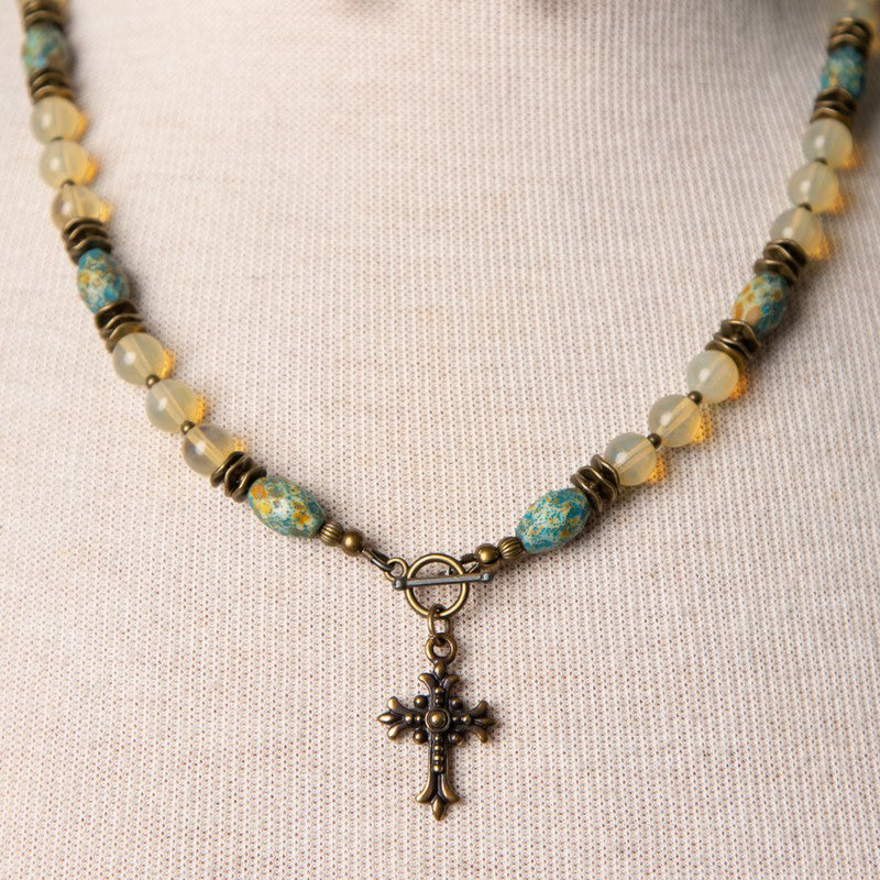 Jennifer's Opalescent Czech Glass and Brass Cross Necklace and Earring Set