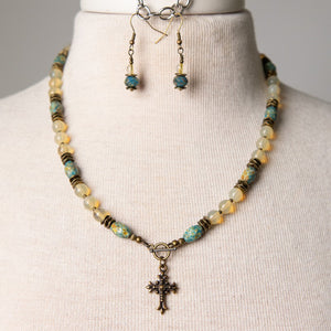 Jennifer's Opalescent Czech Glass and Brass Cross Necklace and Earring Set