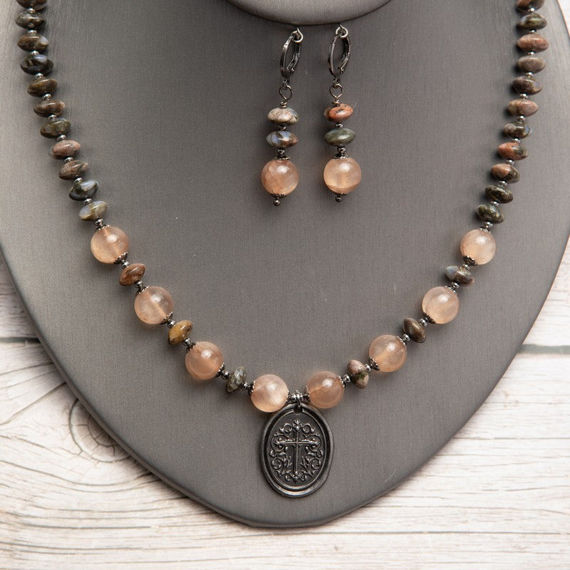 Jennifer’s Peach Moonstone and Llanite Necklace and Earring Set