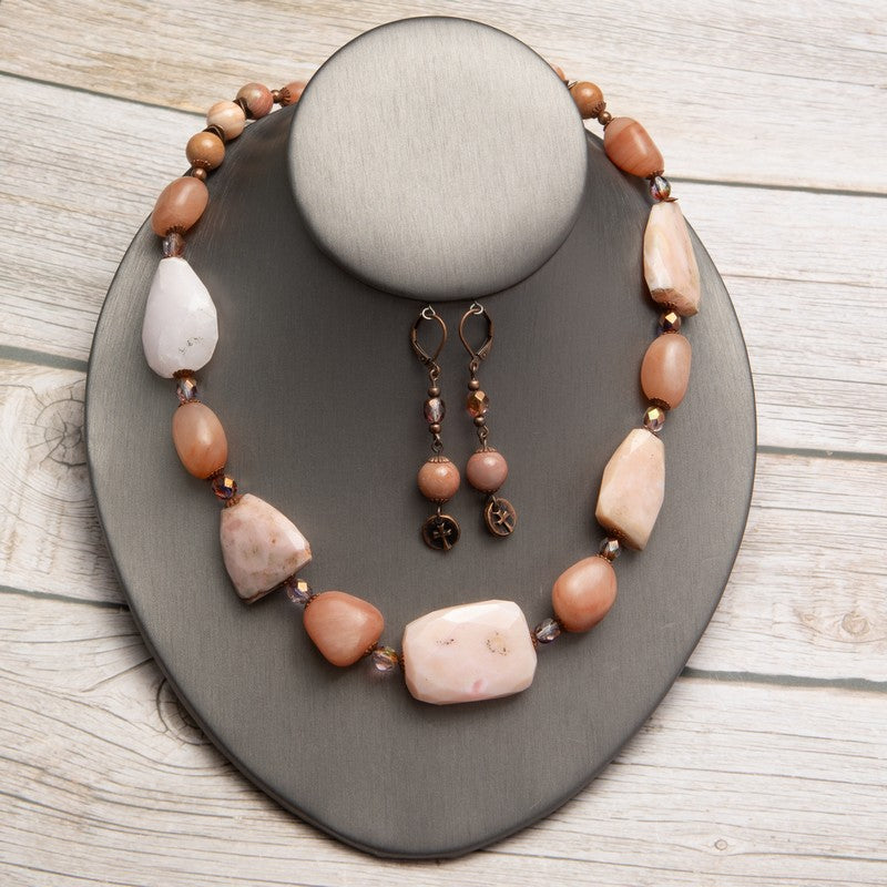 Jennifer’s Pink Opal and Peach Aventurine Necklace and Cross Earring Set