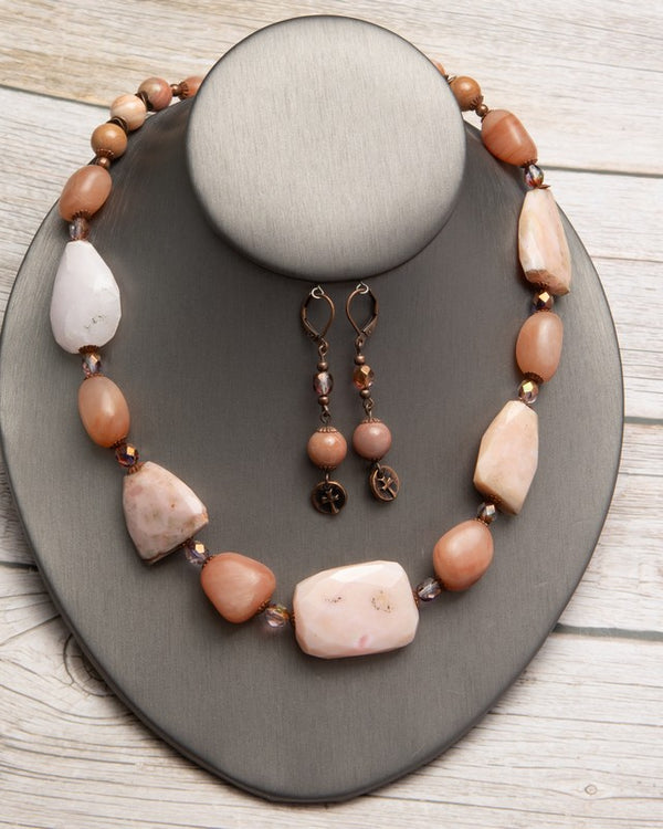 Jennifer’s Pink Opal and Peach Aventurine Necklace and Cross Earring Set