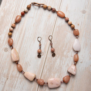 Jennifer’s Pink Opal and Peach Aventurine Necklace and Cross Earring Set