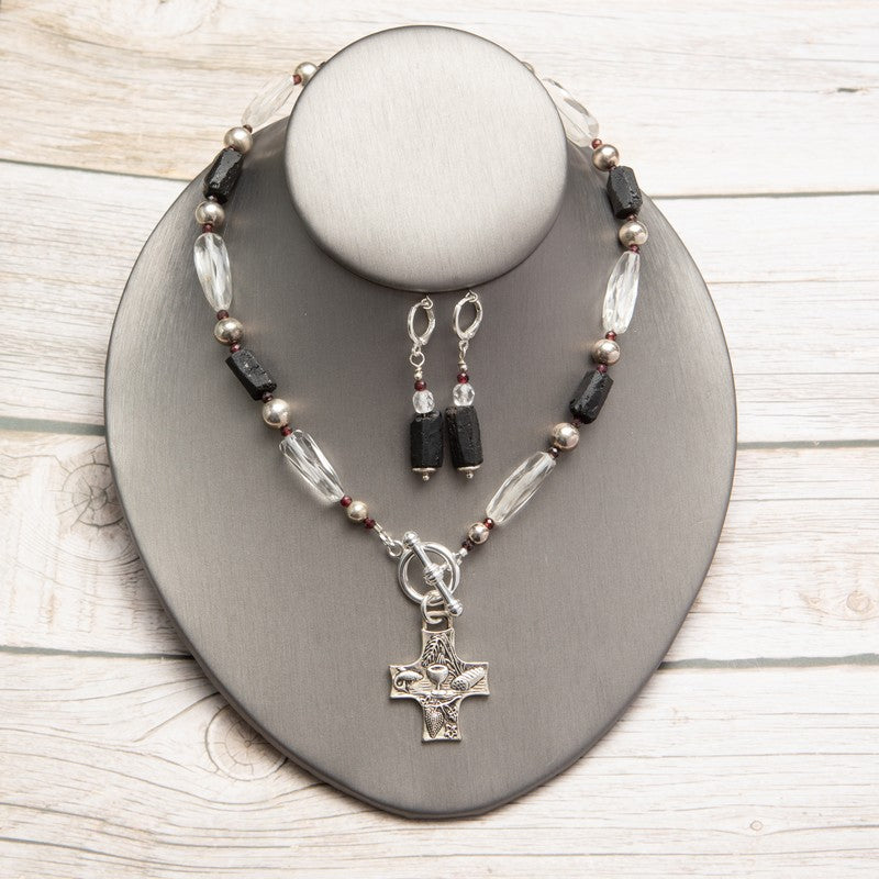 Jennifer’s Quartz, Garnet, and Black Tourmaline Cross Necklace