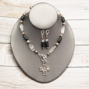 Jennifer’s Quartz, Garnet, and Black Tourmaline Cross Necklace