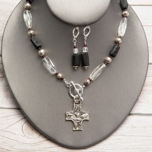 Jennifer’s Quartz, Garnet, and Black Tourmaline Cross Necklace