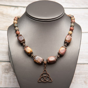 Jennifer’s Red Creek Jasper Trinity Knot Necklace