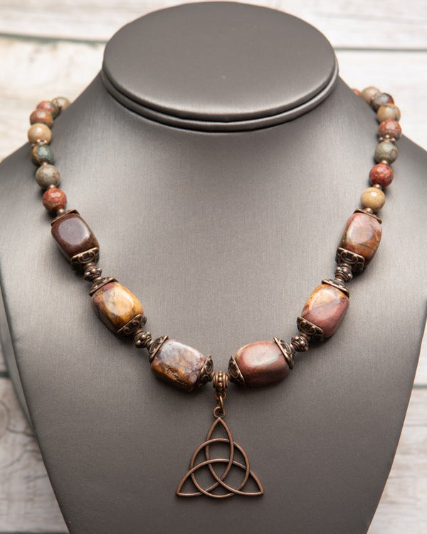 Jennifer’s Red Creek Jasper Trinity Knot Necklace