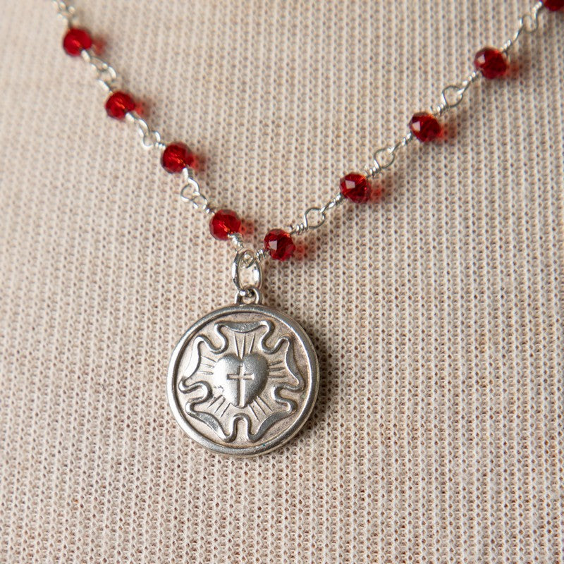 Jennifer's Red Crystal Silver Luther's Rose Necklace