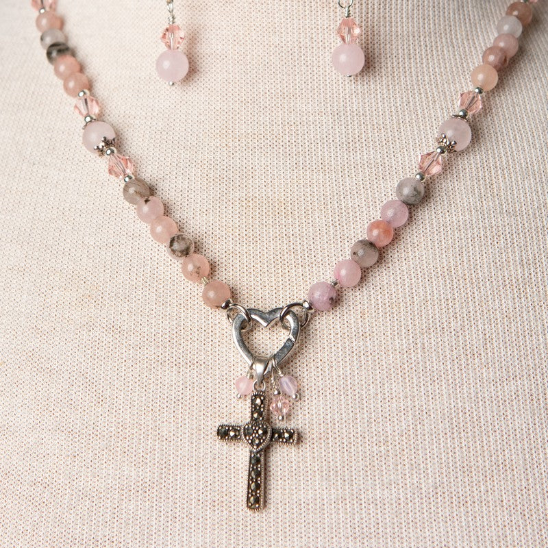 Jennifer's Rose Quartz Cross Necklace and Earring Set