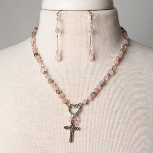 Jennifer's Rose Quartz Cross Necklace and Earring Set