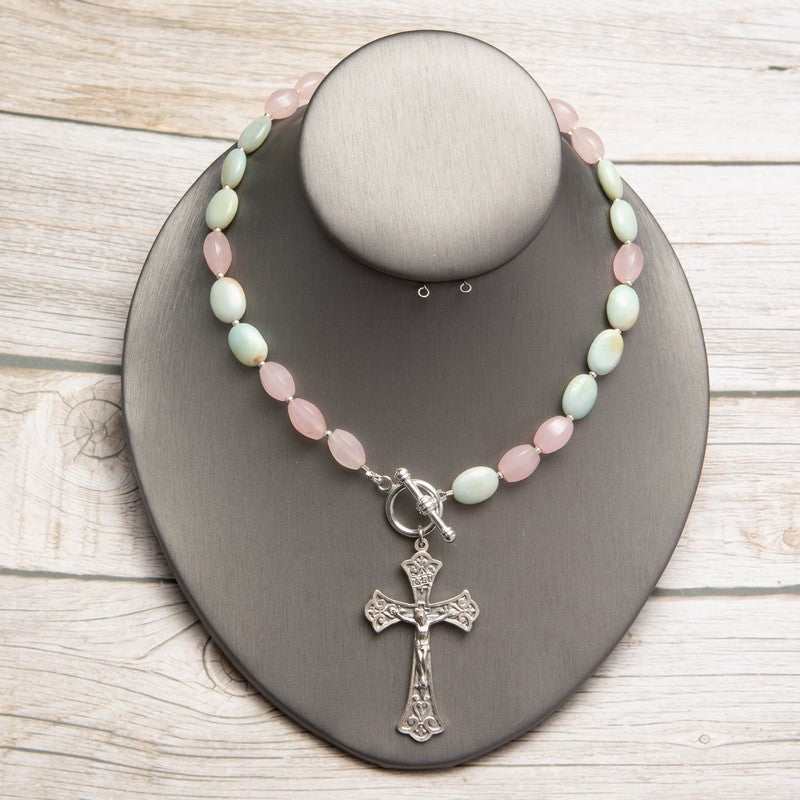 Jennifer’s Rose Quartz and Amazonite Crucifix Necklace