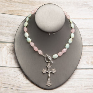 Jennifer’s Rose Quartz and Amazonite Crucifix Necklace