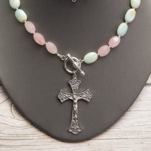 Jennifer’s Rose Quartz and Amazonite Crucifix Necklace
