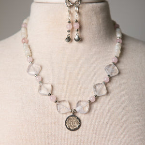 Jennifer's Rose Quartz and Moonstone Baptism Necklace and Earring Set