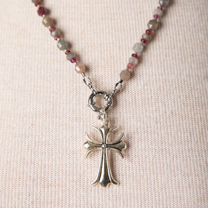 Jennifer’s Ruby, Sapphire, and Labradorite Cross Necklace and Trinity Earring Set