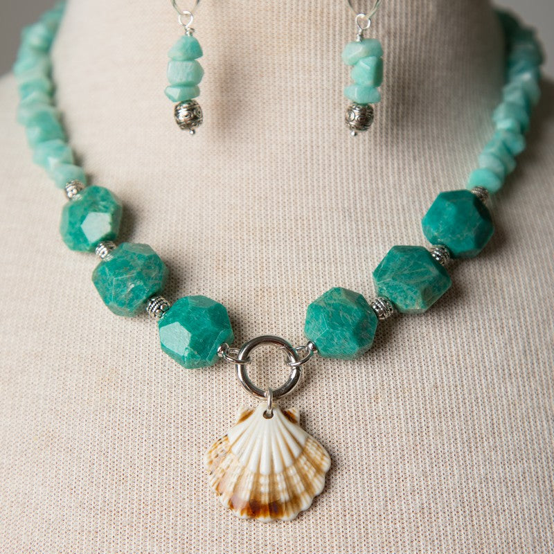 Jennifer's Russian Amazonite Nugget Baptism Shell Necklace and Earring Set