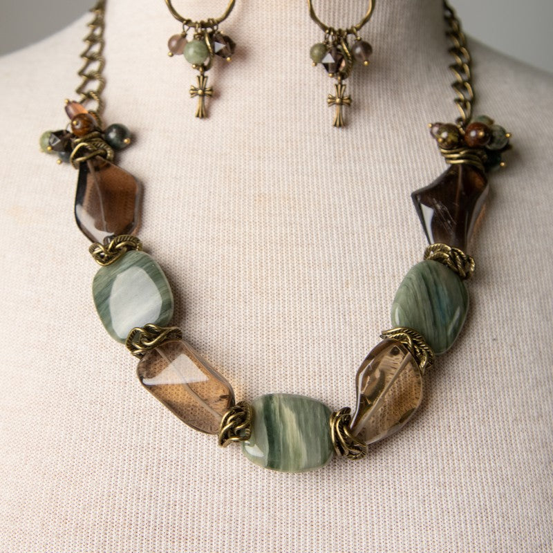 Jennifer's Smokey Quartz and Jasper Cross Earring and Necklace Set
