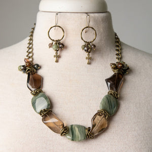 Jennifer's Smokey Quartz and Jasper Cross Earring and Necklace Set