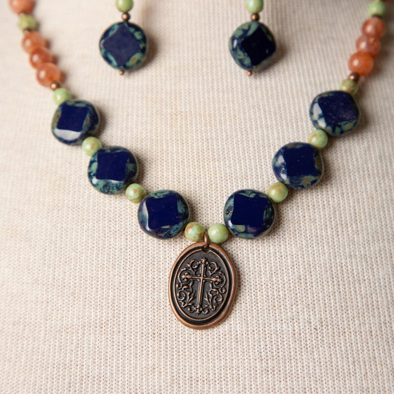 Jennifer's Sunstone and Czech Glass Necklace and Earring Set