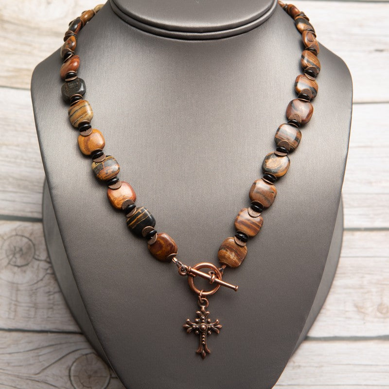 Jennifer’s Tiger Iron Copper Cross Necklace