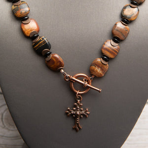 Jennifer’s Tiger Iron Copper Cross Necklace
