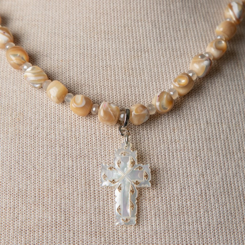 Jennifer's Troca Shell and Mother-of-Pearl Cross Necklace and  Earring Set