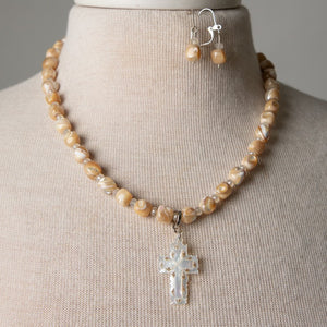 Jennifer's Troca Shell and Mother-of-Pearl Cross Necklace and  Earring Set