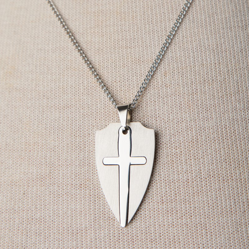 Jennifer’s Unisex Stainless Steel Cross and Shield Necklace