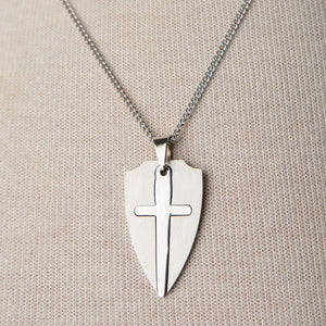 Jennifer’s Unisex Stainless Steel Cross and Shield Necklace