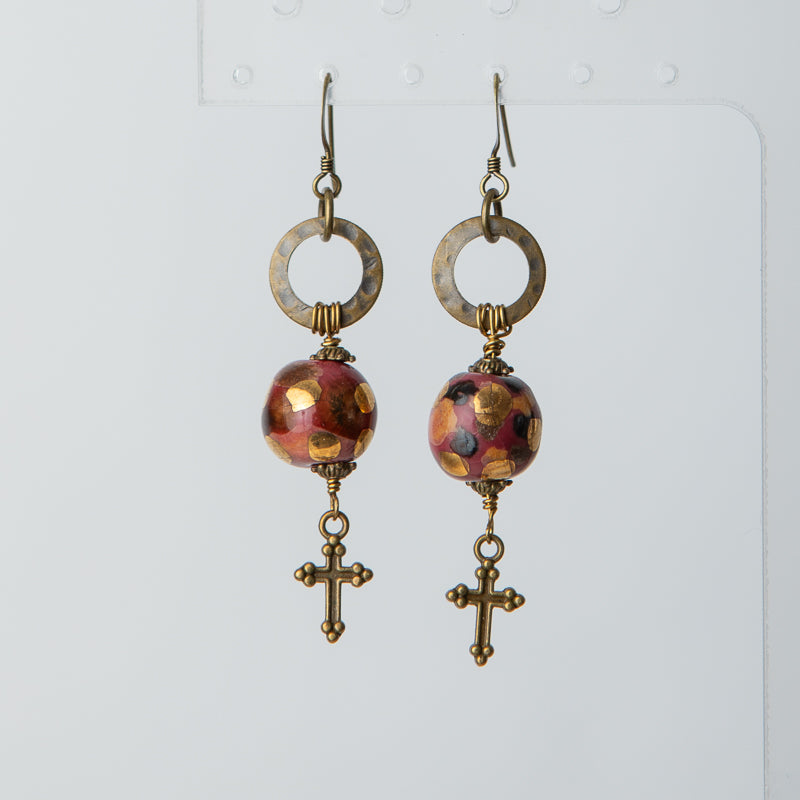 Jennifer’s African Kazuri and Antique Brass Cross Earrings