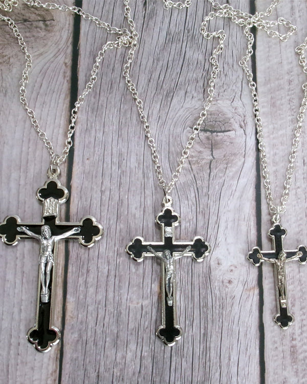 Kelly's Black Enamel Budded Crucifix Necklaces