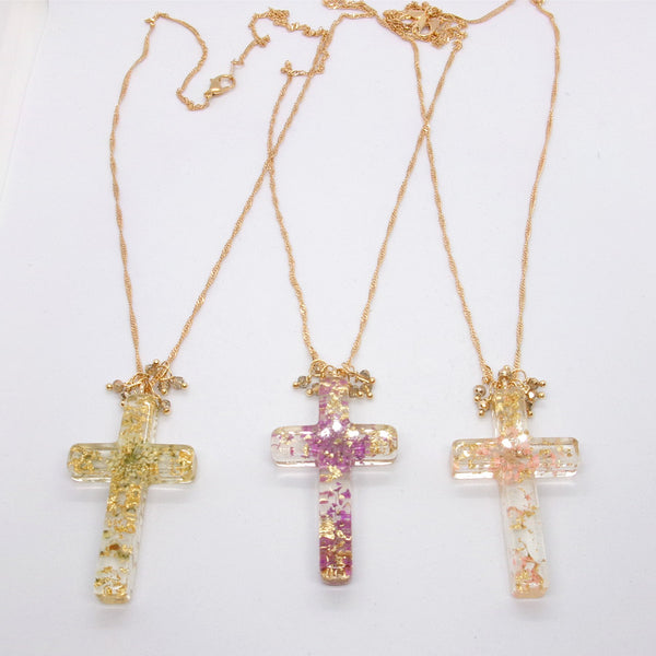 Kelly's Floral Resin Cross Necklace - Ad Crucem