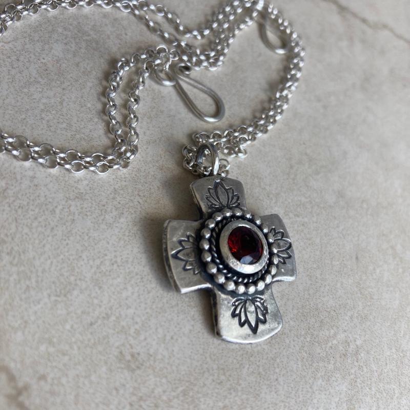 Kathy’s Handcrafted Silver Cross with Red Gemstone