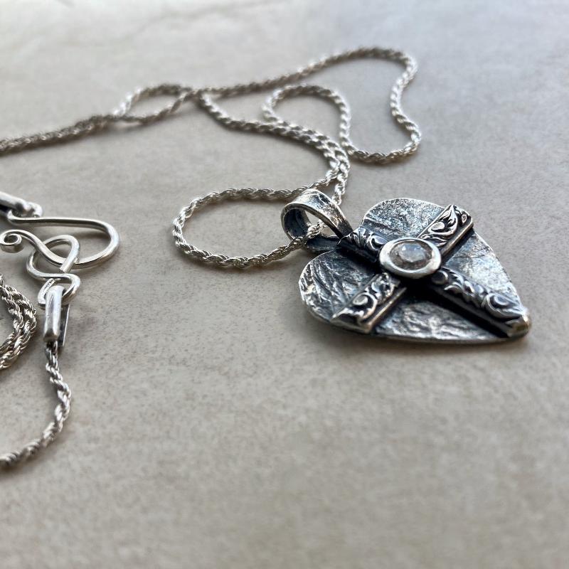 Kathy’s Handcrafted Silver Cross and Heart Necklace with Cubic Zirconia Gemstone