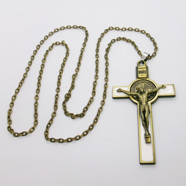 Kelly's White Enameled Bronze St. Benedict Crucifix - Ad Crucem