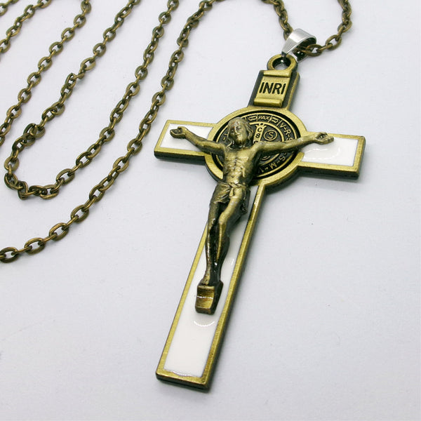 Kelly's White Enameled Bronze St. Benedict Crucifix - Ad Crucem