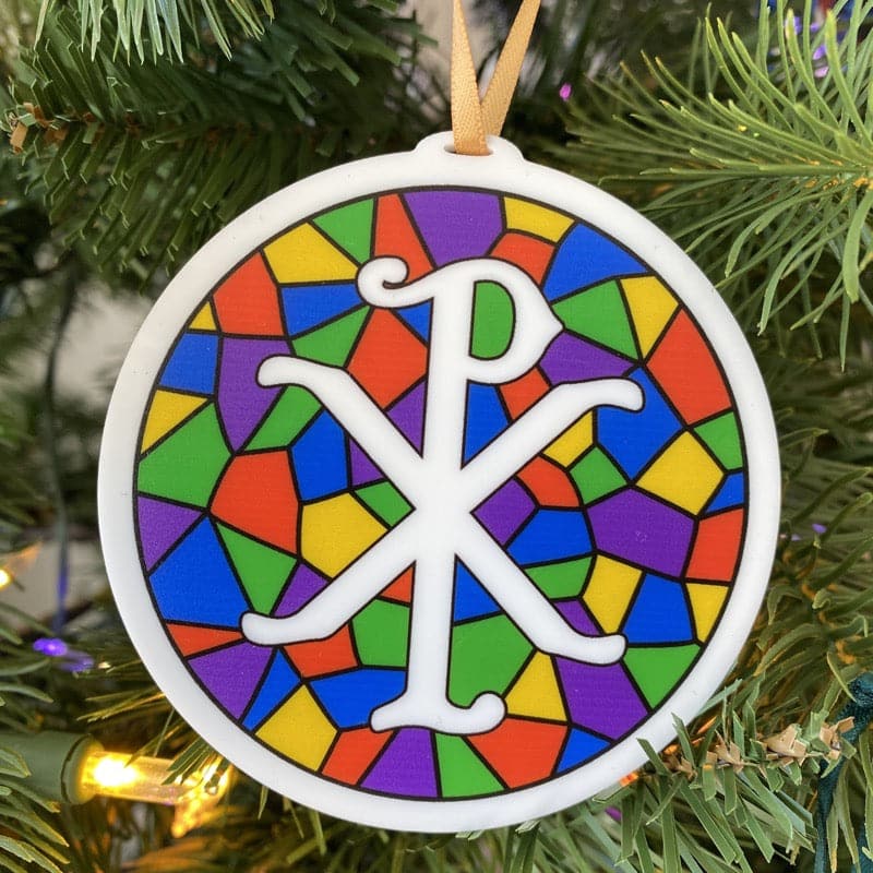 Ad Crucem - Color ChiRho Stained Glass Style Christmas Ornament