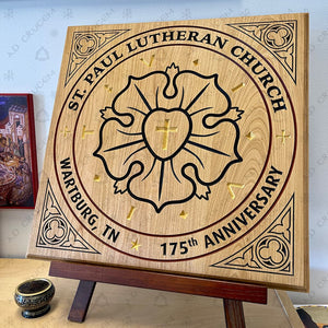 Ad Crucem Personalized Recognition Wood Plaque - Luther Rose OR Trinity Symbol