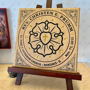 Ad Crucem Personalized Recognition Wood Plaque - Luther Rose OR Trinity Symbol