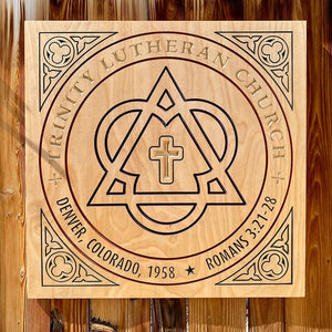 Ad Crucem Personalized Recognition Wood Plaque - Luther Rose OR Trinity Symbol
